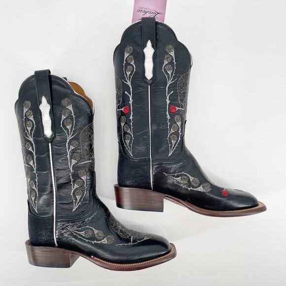 Lucchese Black Rosa Muerte Skull Rose Embroidered Western Cowgirl Boot size 7.5 - Picture 4 of 12